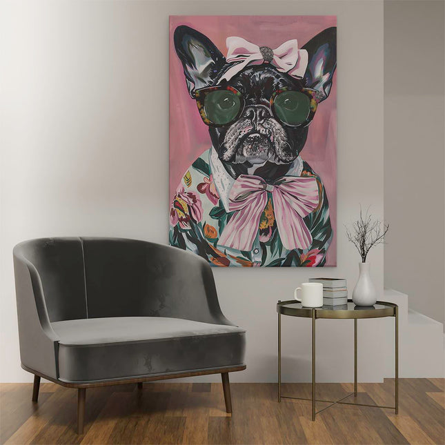 Canvas schilderij interieur Franse Bulldog met Zonnebril en Vlinderdas