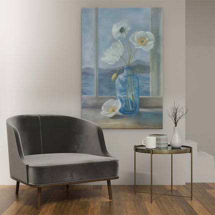 Canvas schilderij interieur Witte Bloemen in een Blauwe Vaas op een Vensterbank