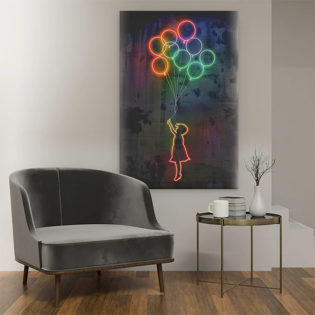 Canvas schilderij interieur Meisje Vliegt met Ballonnen