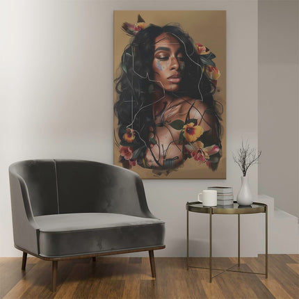 Canvas schilderij interieur Zwarte Vrouw met Bloemen op haar Gezicht