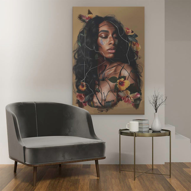 Canvas schilderij interieur Zwarte Vrouw met Bloemen op haar Gezicht
