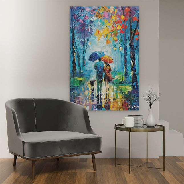 Canvas schilderij interieur Paar Paraplu's Houden in de Regen