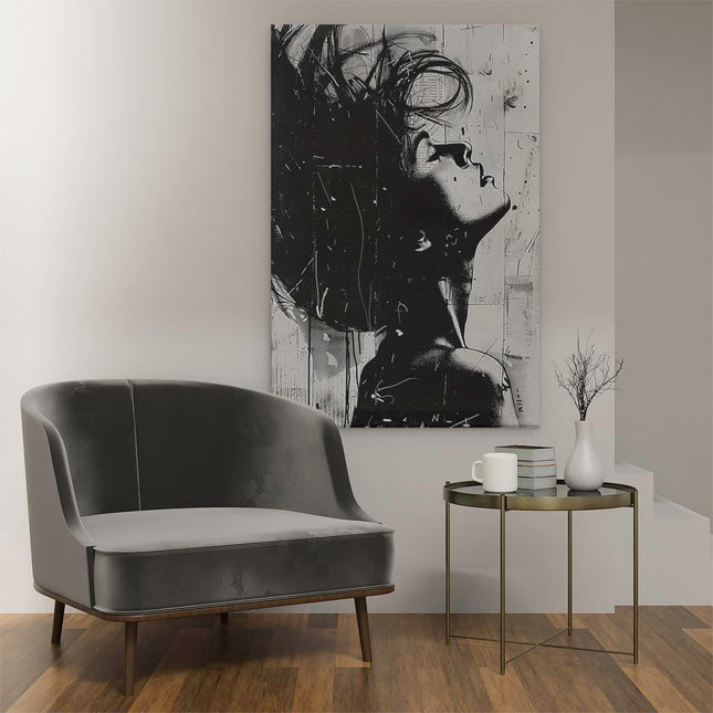 Canvas schilderij interieur Zwart Wit Kunstwerk van een Vrouw met haar Haren Wapperend in de Wind