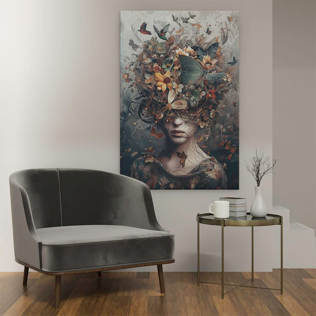 Canvas schilderij interieur Vrouw met Vlinders op haar Hoofd