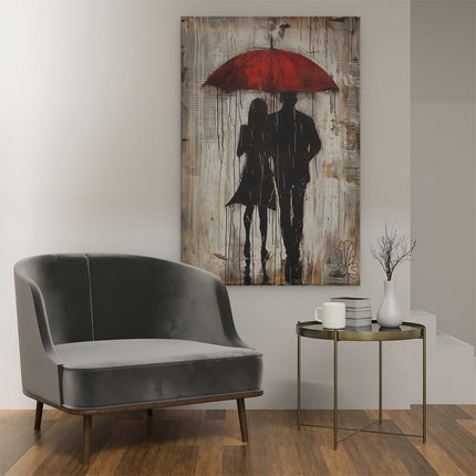 Canvas schilderij interieur Paar dat onder een Rode Paraplu loopt