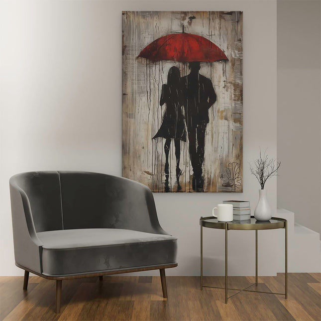 Canvas schilderij interieur Paar dat onder een Rode Paraplu loopt