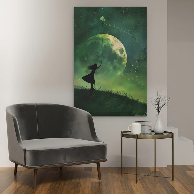 Canvas schilderij interieur Meisje Vliegeren in de Nachtelijke Hemel