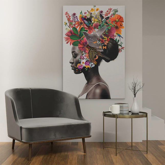 Canvas schilderij interieur Vrouw met Bloemen op haar Hoofd