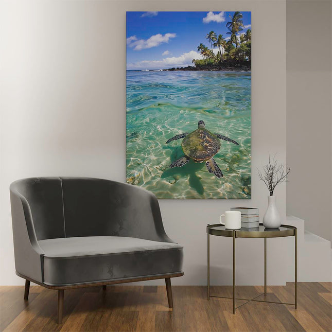Canvas schilderij interieur Schildpad Zwemmen in Helder Water in de Buurt van Palmbomen
