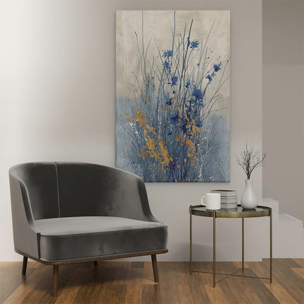 Canvas schilderij interieur Blauwe en Gele Bloemen in een Veld