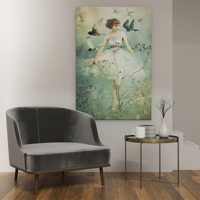 Canvas schilderij interieur Vrouw in een Witte Jurk met Vogels die Om haar Heen Vliegen