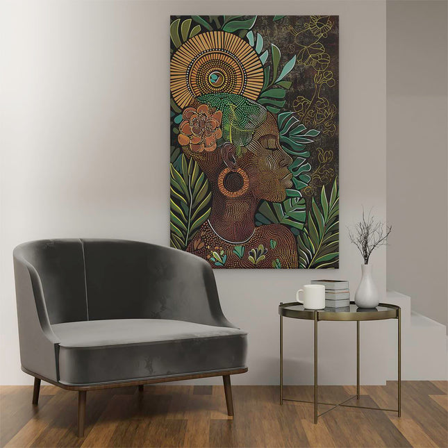 Canvas schilderij interieur Afrikaanse Vrouw met een Bloem in haar Haar