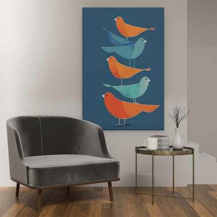 Canvas schilderij interieur Kleurrijke Vogels op een Blauwe Achtergrond