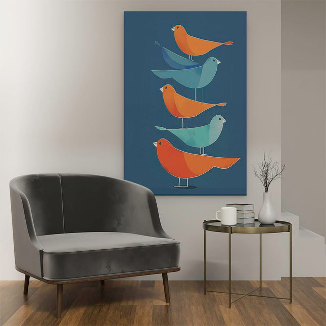 Canvas schilderij interieur Kleurrijke Vogels op een Blauwe Achtergrond