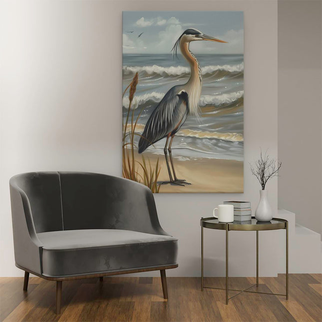 Canvas schilderij interieur Blauwe Reiger Staande op het Strand