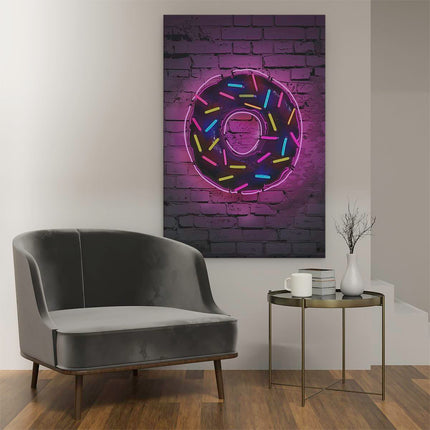 Canvas schilderij interieur Neon Donut op een Bakstenen Muur