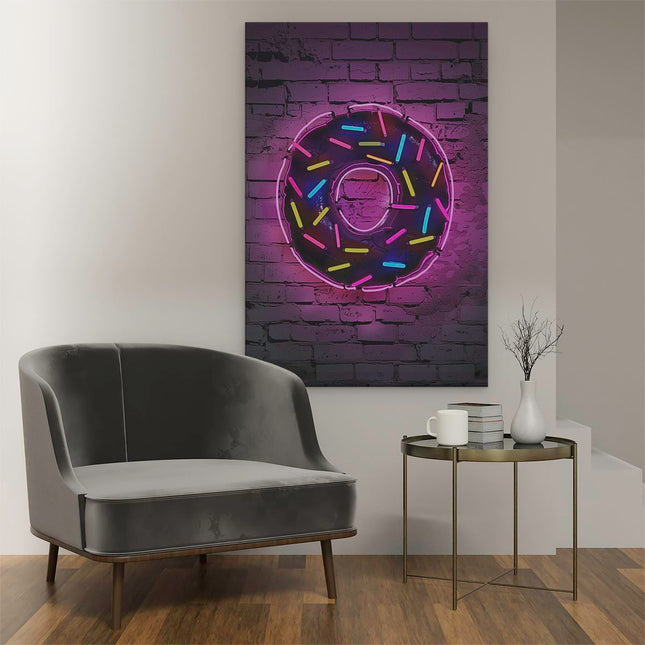 Canvas schilderij interieur Neon Donut op een Bakstenen Muur
