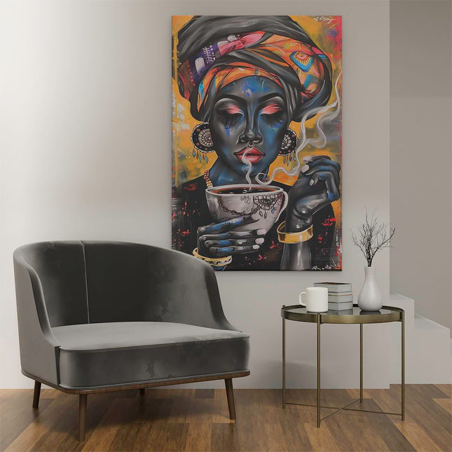Canvas schilderij interieur Vrouw die Koffie Drinkt in een Tulband