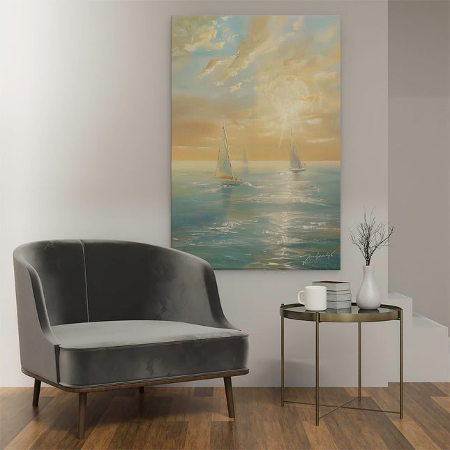 Canvas schilderij interieur Zeilboten in de Oceaan bij Zonsondergang