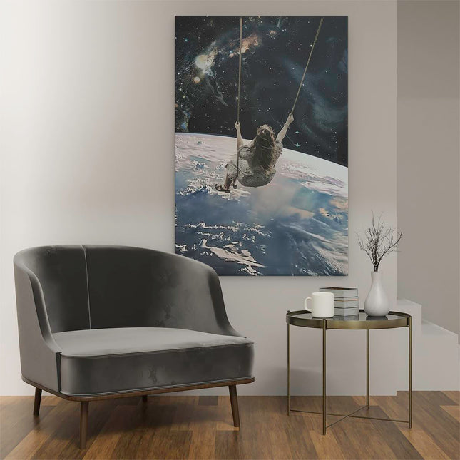 Canvas schilderij interieur Meisje Swingend op een Schommel in de Ruimte