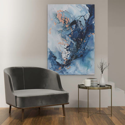 Canvas schilderij interieur Abstract Kunstwerk met Blauwe en Koperen Spatten