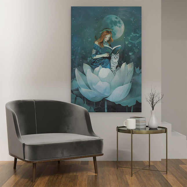 Canvas schilderij interieur Meisje Leest een Boek over een Lotusbloem