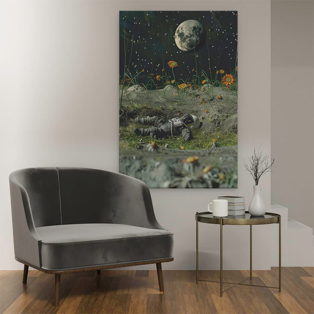 Canvas schilderij interieur Astronaut die op de Grond ligt met Bloemen