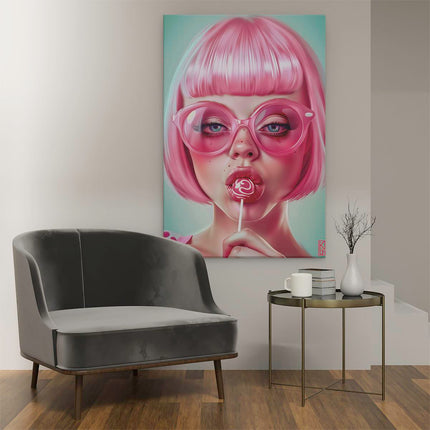 Canvas schilderij interieur Meisje met Roze haar en Bril Eet een Lolly