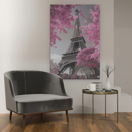 Canvas schilderij interieur Roze Bomen en de Eiffeltoren