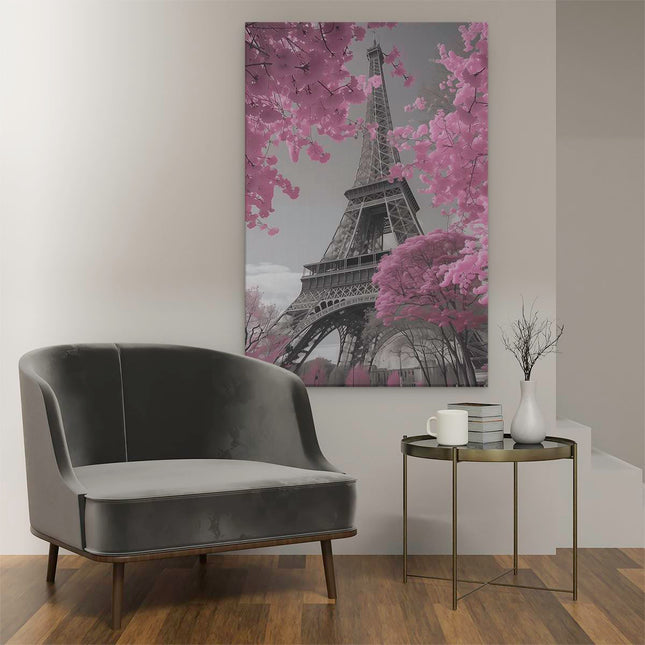 Canvas schilderij interieur Roze Bomen en de Eiffeltoren