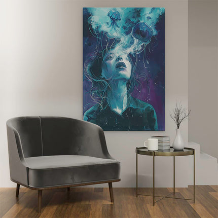Canvas schilderij interieur Vrouw met een Kwal op haar Hoofd