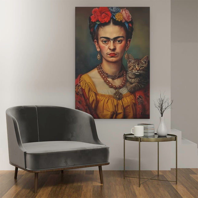 Canvas schilderij interieur Kunstwerk van Frida Kahlo met een Kat