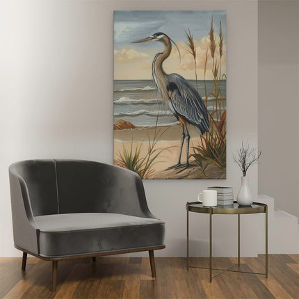 Canvas schilderij interieur Blauwe Reiger Staande op het Strand