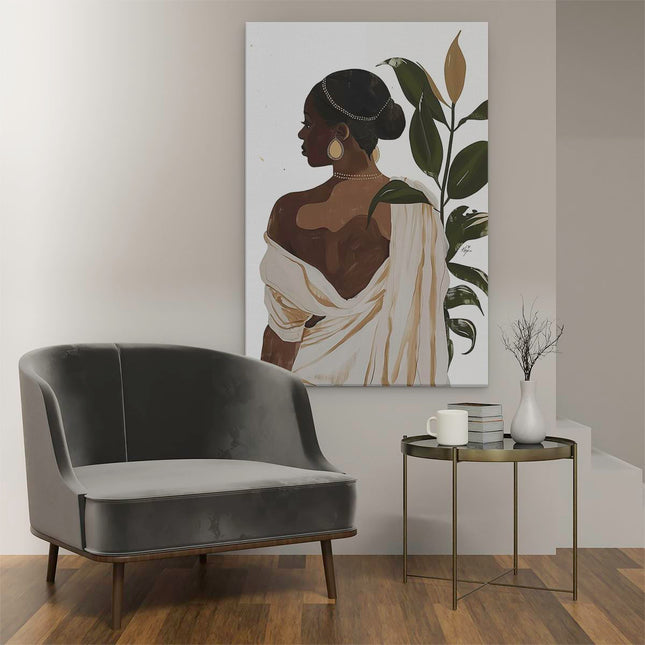 Canvas schilderij interieur Afrikaanse Vrouw met een Plant in haar Hand