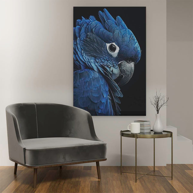 Canvas schilderij interieur Blauwe Papegaai op een Zwarte Achtergrond