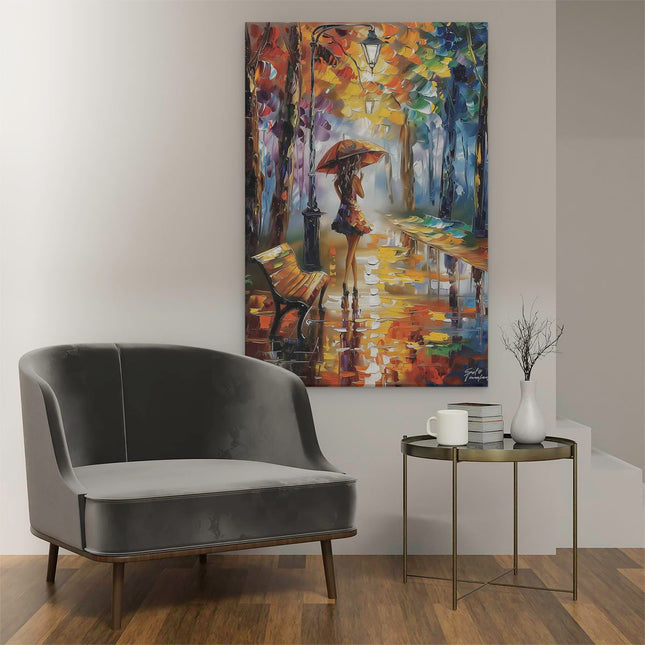 Canvas schilderij interieur Vrouw die in de Regen loopt met een Paraplu