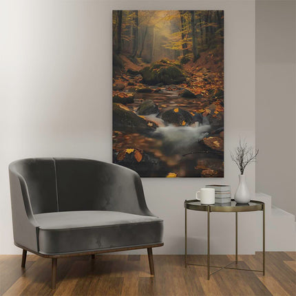 Canvas schilderij interieur Stroom in een Bos met Herfstbladeren