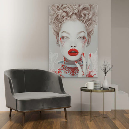 Canvas schilderij interieur Vrouw met Rood haar en Rode Lippen