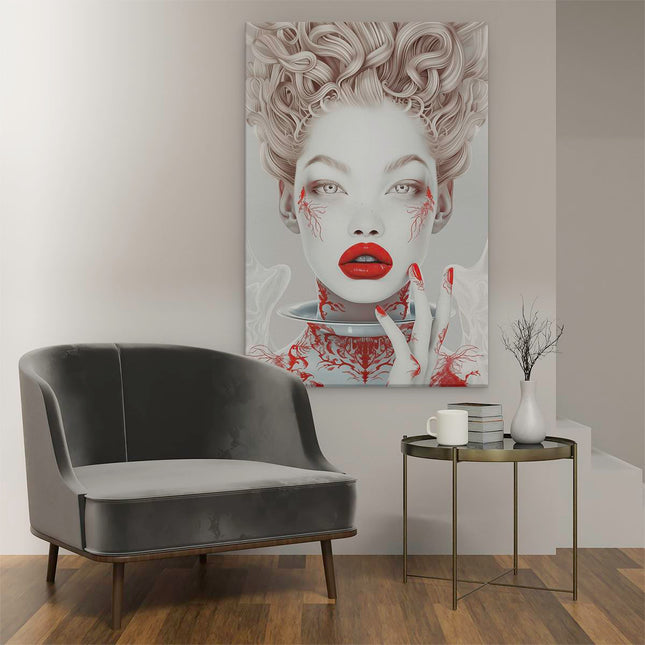 Canvas schilderij interieur Vrouw met Rood haar en Rode Lippen