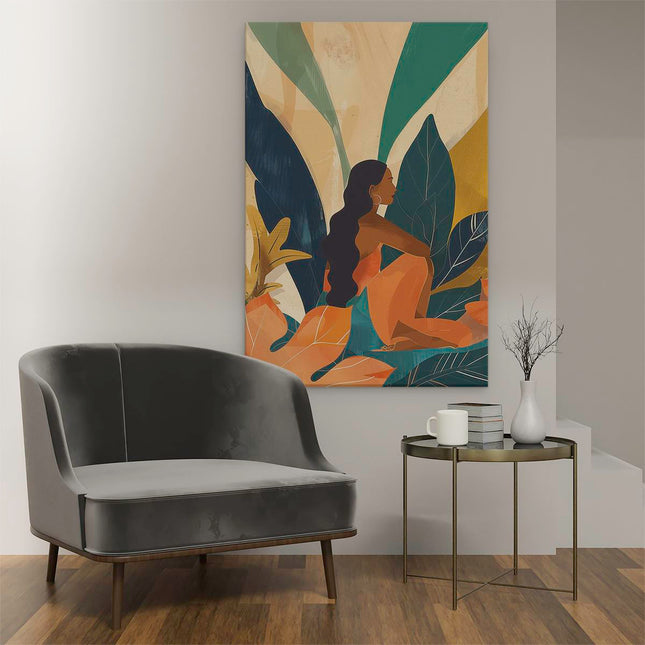 Canvas schilderij interieur Illustratie van een Vrouw die in Tropische Bladeren Zit