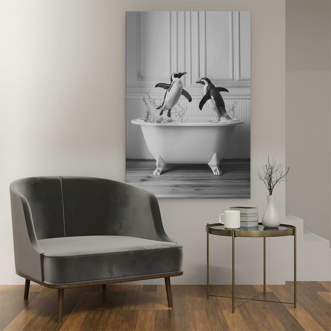 Canvas schilderij interieur Twee Pinguïns die in een Badkuip Springen