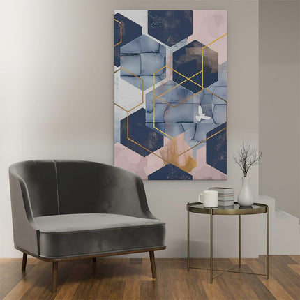 Canvas schilderij interieur Blauw en Goud Geometrisch Patroon met een Vogel Erop