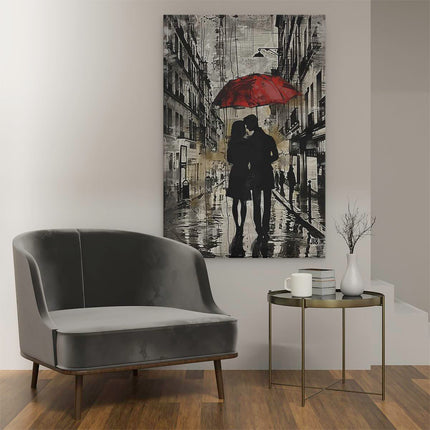 Canvas schilderij interieur Paar dat een Paraplu in de Regen Houdt