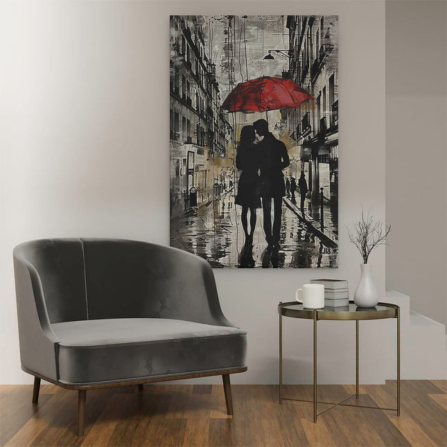 Canvas schilderij interieur Paar dat een Paraplu in de Regen Houdt