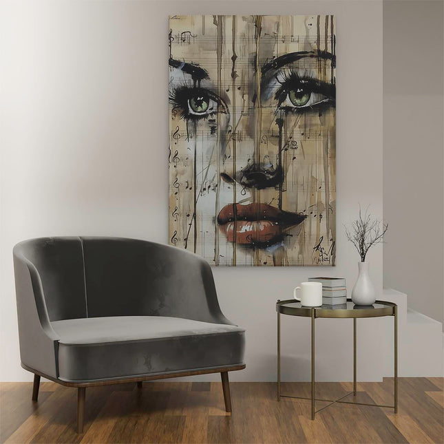 Canvas schilderij interieur Kunstwerk van een Vrouw met Muzieknoten op haar Gezicht