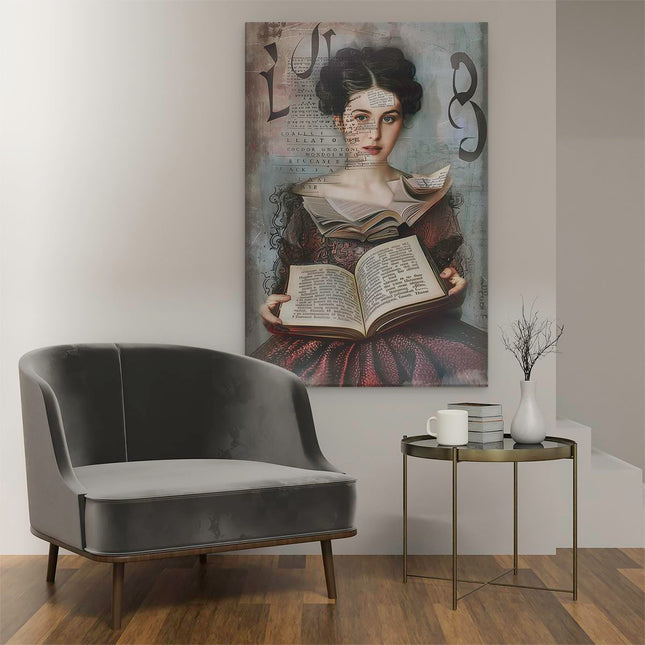 Canvas schilderij interieur Vrouw die een Boek Leest
