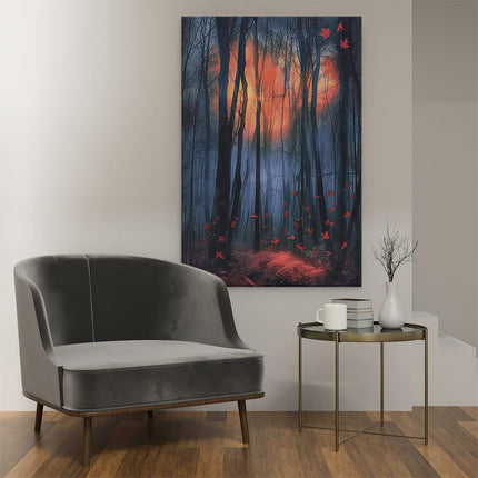 Canvas schilderij interieur Donker Bos met Rondvliegende Vogels