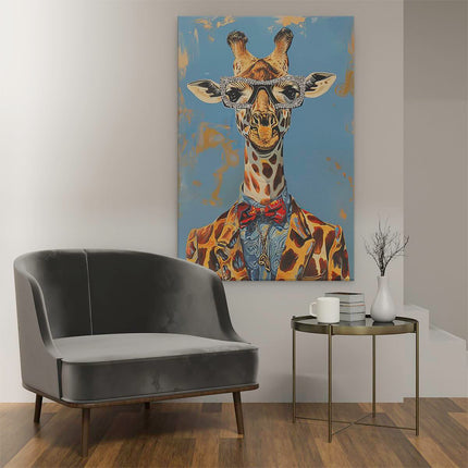 Canvas schilderij interieur Giraffe met Bril en Vlinderdas