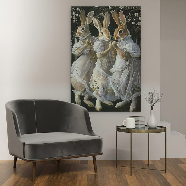 Canvas schilderij interieur Drie Konijnen in Witte Jurken