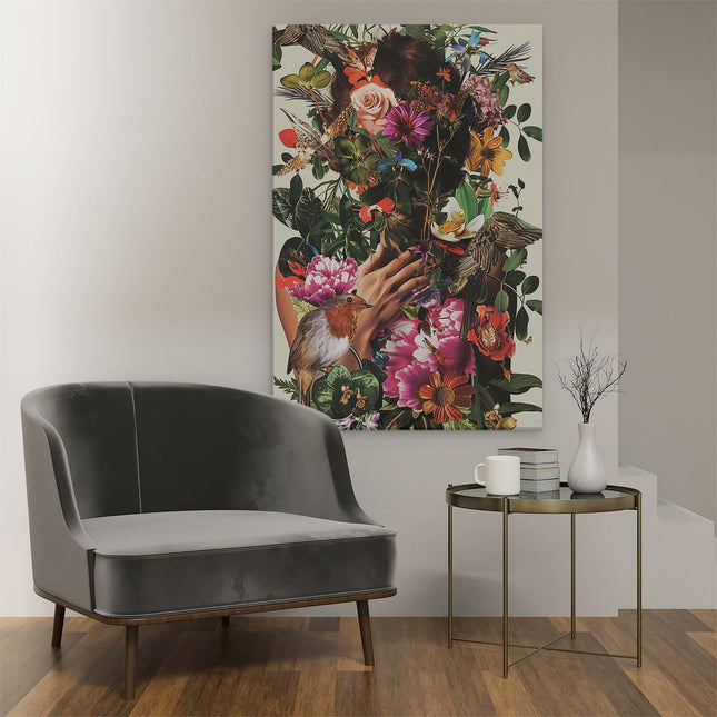 Canvas schilderij interieur Vrouw is Omringd door Bloemen en Vogels